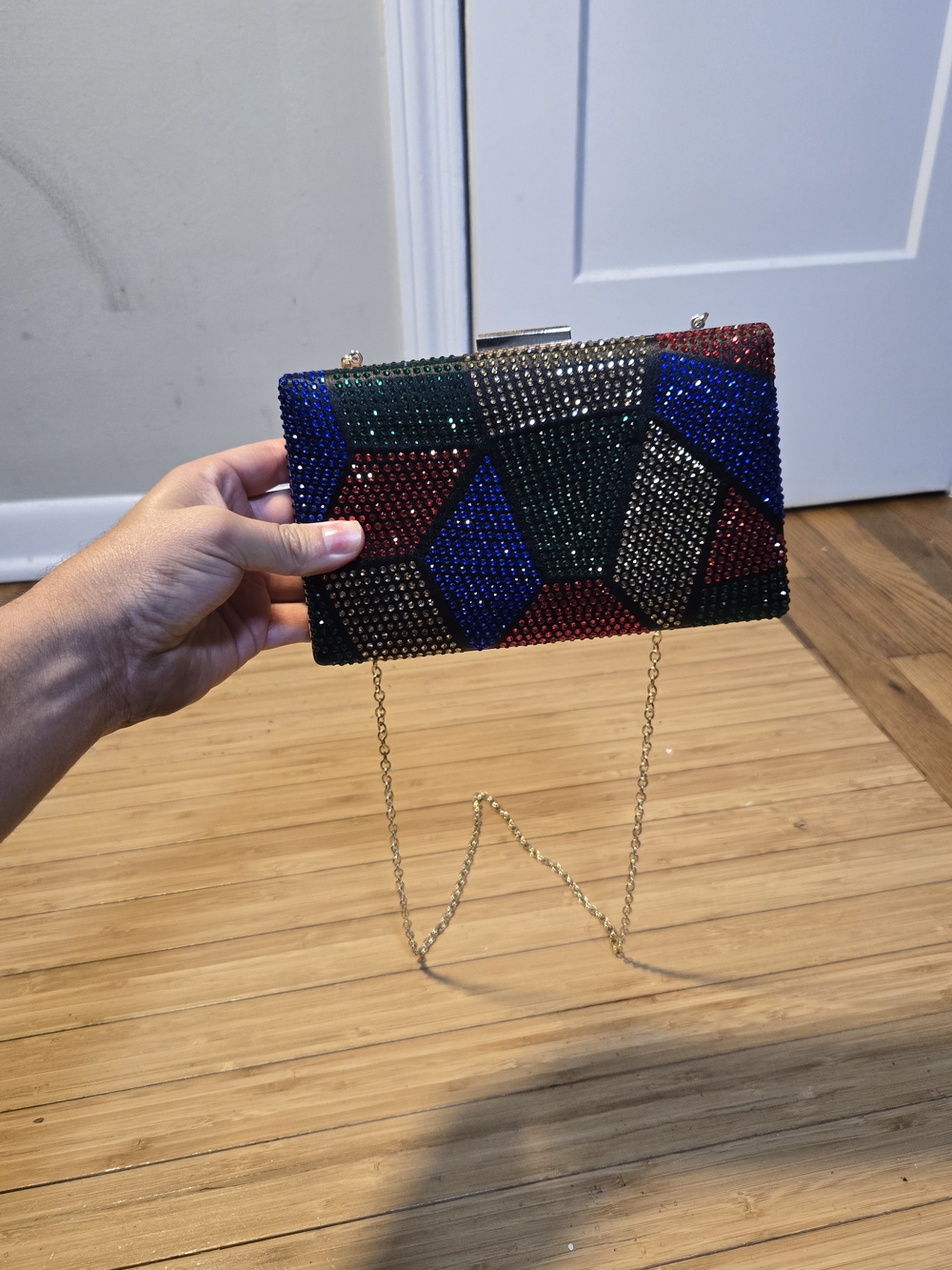 Multicolor Rhinestone Geometric Clutch with Gold Chain